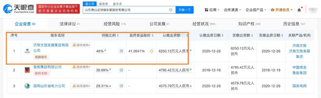天眼查数据更新，济南文旅依然是山东泰山俱乐部的最大股东