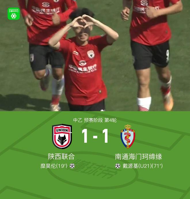 陕西联合1-1海门珂缔缘，糜昊伦、戴源基破门，谢龚博失误